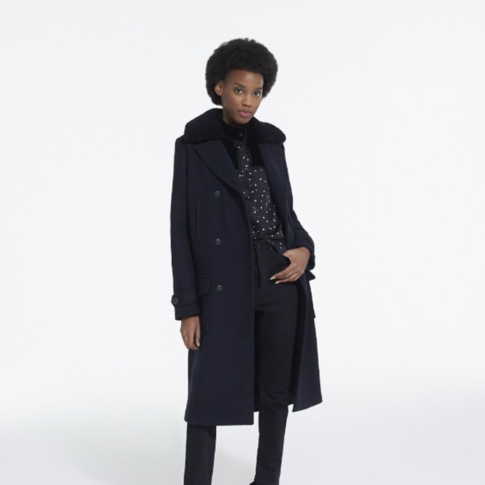 The Kooples Navy Wool Coat w/ 100% Shearling Collar, Size 36 - $249